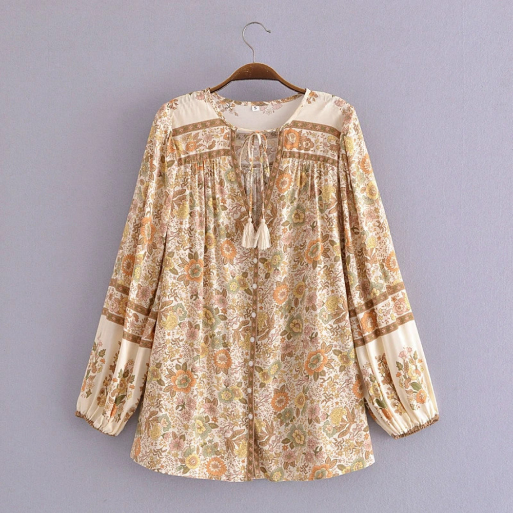 Womens Rayon Long Sleeve Tassel Blouse with Watermark Placement Floral Print